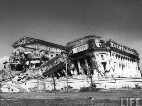 The Old Legislative Building, which also functioned as the National Library, after the Battle of Manila in World War II. (Photo from Life Magazine via Official Gazette of the Philippines)